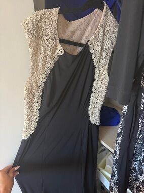 Xscape Black Dress with Ivory Lace Trim